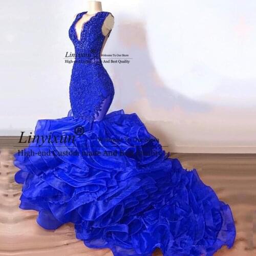 Organza Ruffles Skirt V Neck Royal Blue Mermaid Prom Dresses 2021 Long Formal Evening Gowns Custom Made Robe de Soirée