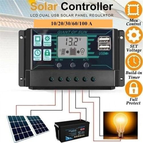 10/20/30/60/100A MPPT Solar Charger Controller 12/24V PWM LCD Display Dual USB Solar Cell Panel Outdoor Power Supply Regulator