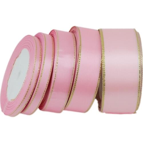 25 yards/roll) pink gold Edge Satin Ribbon Wholesale Gift Christmas ribbons (6/10/20/25/40mm)