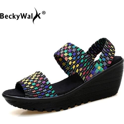 BeckyWalk Women Summer Shoes Woven Slingback Sandals Peep Toe Wedge Platform Sandals Women Slip On sandales femme 2021 WSH2909