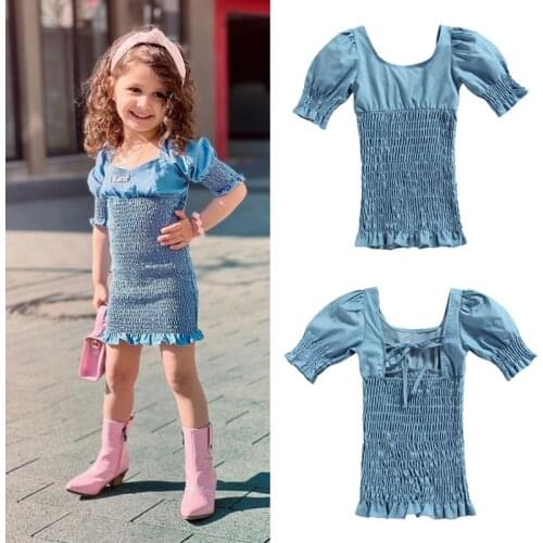 FOCUSNORM 1-5Y Summer Fashion Kids Girls Dress Blue Solid Ruffles Puff Sleeve Square Collar Skinny Dress