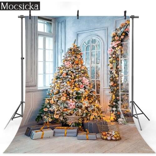 Classic White Christmas Interior Background Photography Happy New Year Backdrop Snowed Tree Decor Presents Flashing Garland