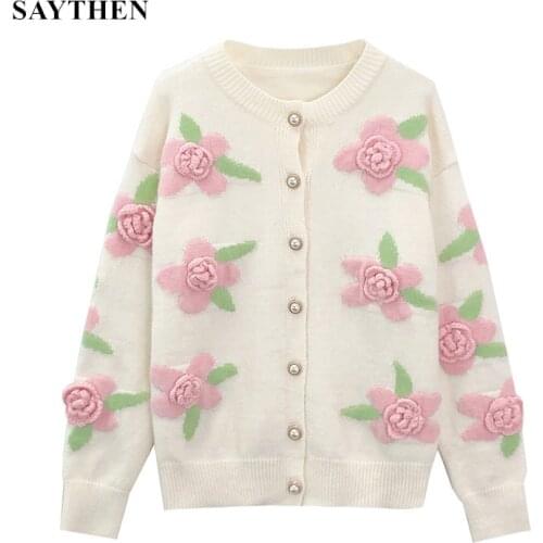 SAYTHENN Round Neck Coat Cardigan Knitted Cute Female Three-Dimensional Hand Crochet Rose Top Round Neck Shirt