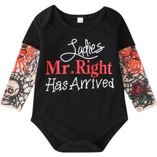 Newborn Infant Baby Boy Rompers 0-24M Ladies Mr Right Has Arrived letter printed tattoo sleeve baby jumpsuit