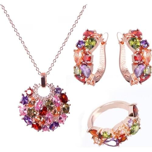 Luxury Gold Color Necklace/Earring/Ring Jewelry Sets for Women Multicolor AAA Cubic Zircon Wedding Bridal Jewelry Sets