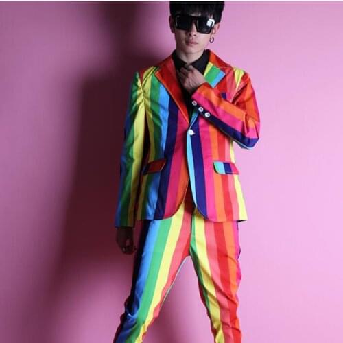 Blazer men suit set with pants mensRainbow vision suits costume singer star style dance stage clothing stripe formal dress B654