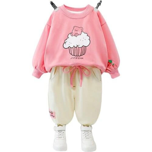 2021 Spring Autumn Baby Girls Set Sweet New Strawberry Embroidery Cotton Pullover Tops +Pants Sports Suit Girl Children Clothing