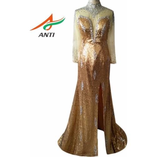 ANTI 2018 Formal Evening Dress Long Sleeves Beaded Crystals Elegant Gown Party Vestido De Festa Longo Robe De Soiree Sweep Train