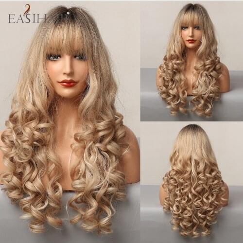EASIHAIR Ombre Brown Champagne Blonde Highlight Long Loose Wave Synthetic Hair Wigs with Bang Heat Resistant Fake Hair for Women