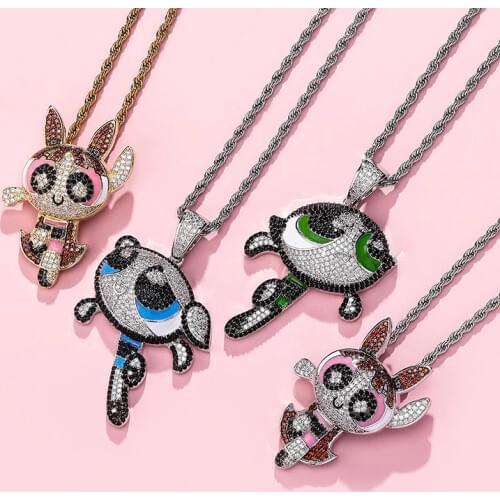 Creative Hip Hop Anime Figure Pendant Luxury Full Cubic Zircon Cartoon Necklace For Girl Women Charm Jewelry Gift