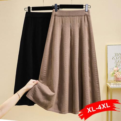 Plus Size Women Autumn Midi Long Knitted Skirts 4XL High Waist Knitting Skirt Saias Big Swing A-Line Skirt Jupe Femme Faldas