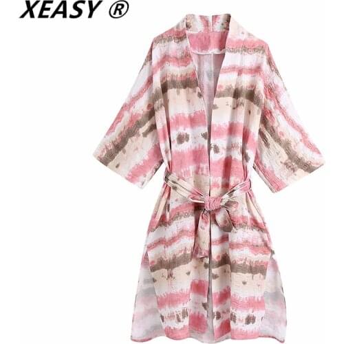 XEASY Women 2021 Fashion With Belt Tie-Dye Loose Kimono Blouses Three Quarter Sleeve Side Slit Female Shirts Vintage Top