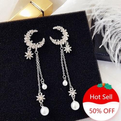 2021 Elegant Imitation Pearl Moon Star Long Tassel Ear Nail Women Exquisite Prevent Allergy Earring Fashion Personality Pendant