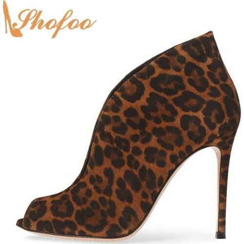 Flock Leopard Pep Toe High Thin Heels Woman Open Vamp Booties Ankle Boots Large Size 11 15 Ladies stiletto Fashion Shoes Shofoo