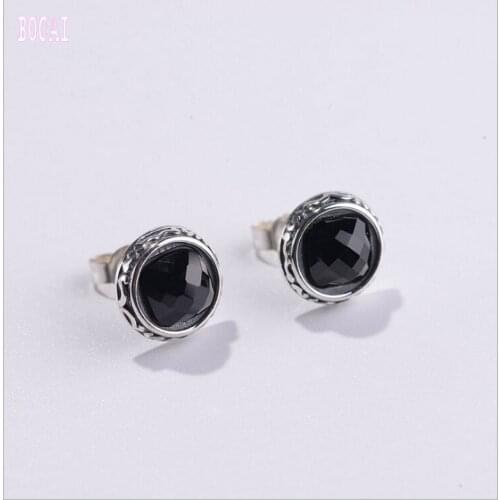 S925 solid sterling silver jewelry fashion silver earrings with black natural stone stud earrings ornaments 2019 womens earrin