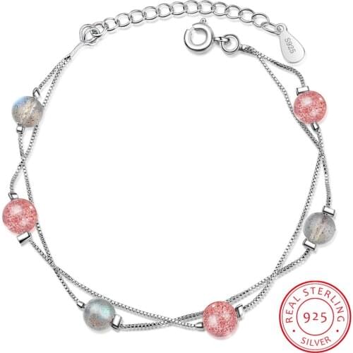 Double Layer Ladies' Bracelets Natural Moonstone & Pink Strawberry Crystal 925 Silver Lucky Charm Bracelet for Women Girls Gift