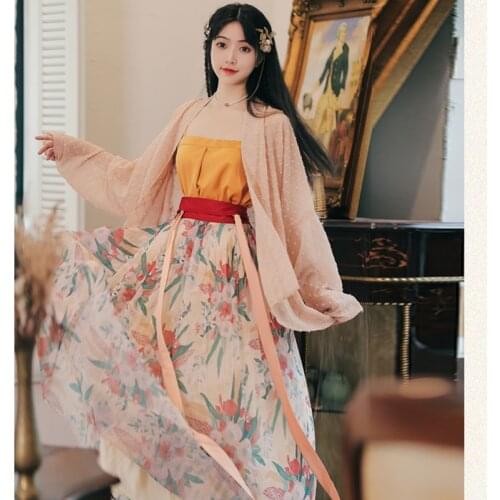 Hanfu Romantic Retro Print Three Piece Set Women Long-sleeved Loose Cardigan+Yellow Sexy Suspenders+Floral Retro Skirt Suit
