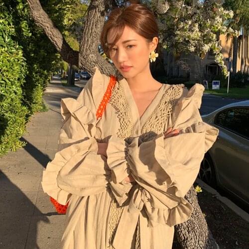 Korean Fashion Layered Ruffles Long-sleeved Casual Dress Women Autumn Retro Lace Crochet Stitching Loose Chic Midi Party Dress