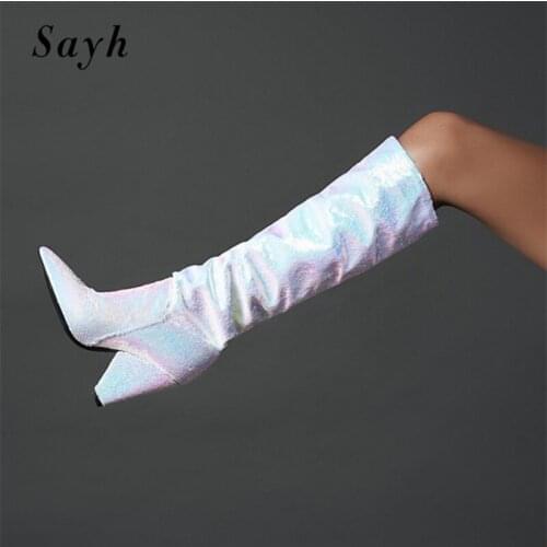 Winter Woman Knee High Boots Shiny Sequins Pleated Pointed Toe Chunky Heels Boots Fashion Boots Nightclub Thigh High Shoes