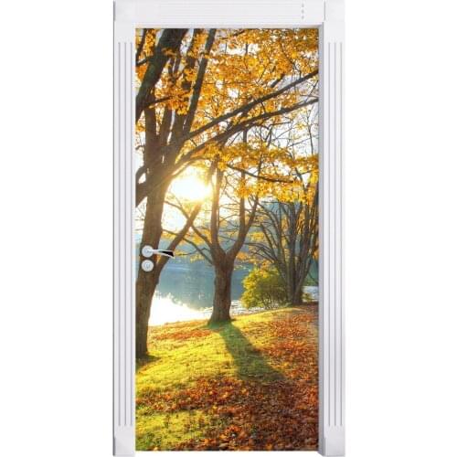 3D Door Sticker Golden Autumn Lake Tree Wall Sticker DIY Door Cover Kitchen Home Decoration Accessories Modern 3d Wall Stickers