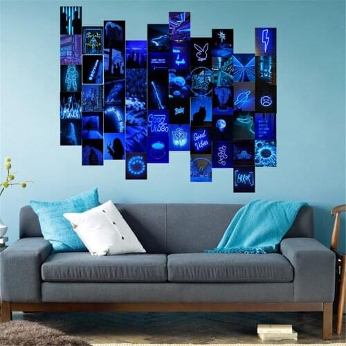 50Pcs Blue Fluorescence Starry Ocean Pictures Wall Collage Moon Fawn Halloween Photo Room Decoration Art Postcard Wall Sticker