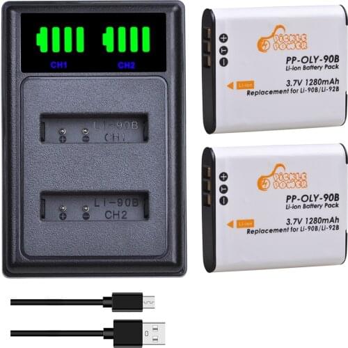 Li-90B Battery 1280mAh Li 90B Li-92B Battery Charger Kits for Olympus Tough TG-6 TG-5 TG-Tracker SH-1 SH-2 SP-100 IHS TG-1 TG-2