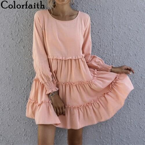 Colorfaith New 2021 Women Autumn Winter Dresses Elegant Lady Vintage Fashionable Oversized Pure Pink Cupcake Dresses DR2935AB