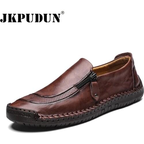 JKPUDUN Men Shoes Casual Genuine Leather Mens Loafers Moccasins Handmade Slip On Boat Shoes Classical Chaussure Homme Size 38-48