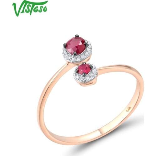 VISTOSO Genuine 14K 585 Rose Gold Rings For Women Sparkling Ruby Diamond Rings Simple Style Delicate Trendy Fine Gifts Jewelry
