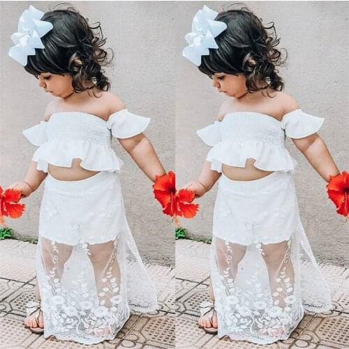 Girls Clothing Set Dress Newborn Infant Baby Girls Off Shoulder Ruffle Tops+Lace Floral Princess Long Dress Outfits Sets Girls