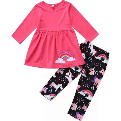 Baby Girl Clothes Set Toddler Kids Unicorn Outfit Rainbow Long Sleeve Top Pants 2Pcs Autumn Children Clothing Set 2-7T