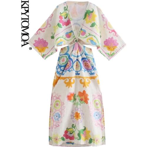 KPYTOMOA Women 2021 Fashion With Knot Floral Print Linen Slit Midi Dress Vintage Elastic Waist Hollow Out Female Dresses Mujer