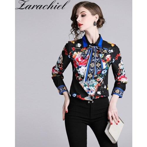 Fashion Women Blue and White Porcelain Flower Printing Blouse 2021 Autumn Long Sleeve Belted Bow Lady Streetwear Elegant Shirt