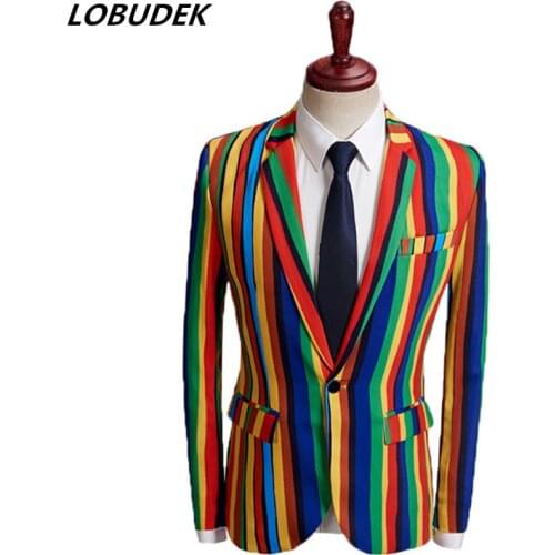 England Style Mens Formal Suit Coat Colorful Stripe Fashion Slim Blazers Male Singer Host Star Evening Party Show Stage Costume