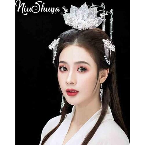 NiuShuya Retro Chinese Handfu White Flower Headdress Handmade Hairpins Costume Hairwear Headdress Accessories