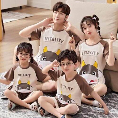 2021 New Cartoon Parent-Child Pajamas For Boys Girls Children Pure Cotton Mother-Daughter Summer Home Wear Tracksuit Kids Suit