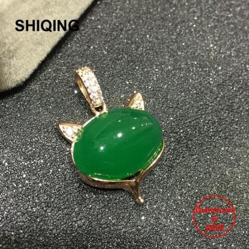SHIQING Real nature green chalcedony rose white gold color trendy charming cat pendant necklace for girls lady