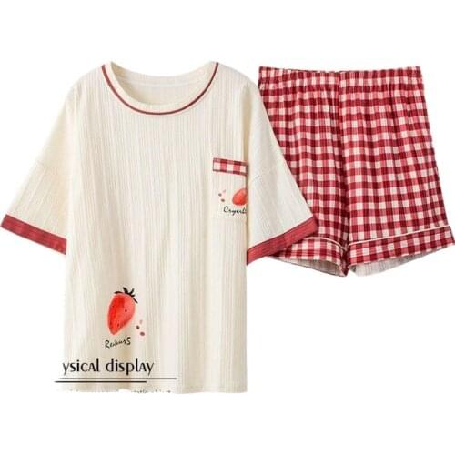 Summer Womens Pajamas Suit Cotton Comfortable Loose Casual Cartoon Two-piece Home Service