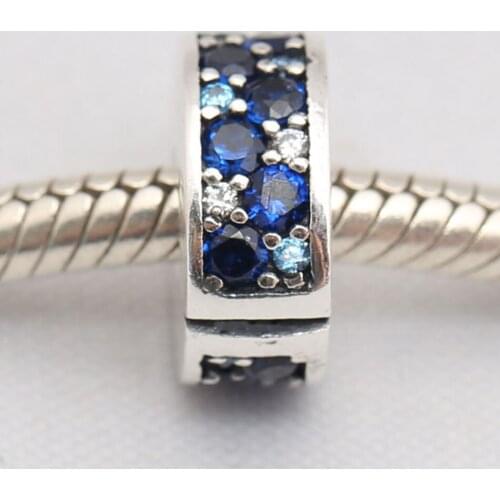 S925 Silver DIY Jewelry Mosaic Shining Elegance Clips Stoppers Charm fit Lady Bracelet Bangle Blue Crystals & Clear CZ