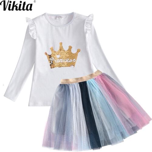 VIKITA Girls Clothing Sets New Autumn Long Sleeve T-shirt and Tutu Skirt 2Pcs for Kids Clothing Sets Baby Clothes Outfits