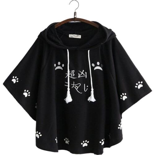 Women Hooded Sweatshirts Cartoon Embroidery Bat Sleeved Hoodies 2020 Autumn Batwing Sleeve Drawstring Cute Pullover Tracksuits