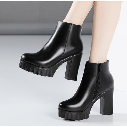 Small Plus Size 32-43 Pointed Head Block High Heels Boots 2021 Fall Winter Zip Platform Shoes Women Office Work Ankle Boots