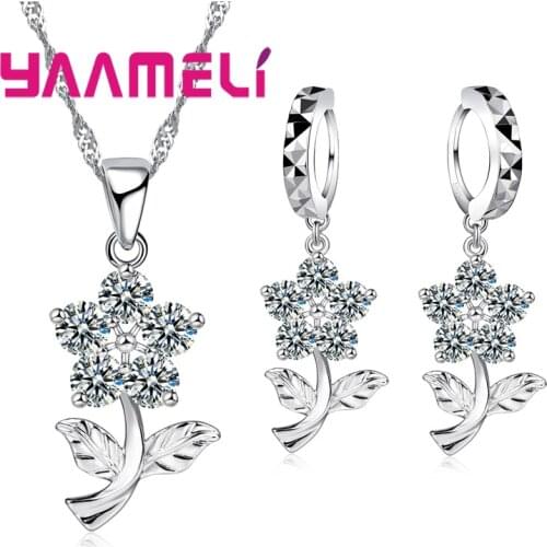 Women Bridal Jewelry Sets Shining 925 Sterling Silver AAA Cubic Zircon Stone Inlay Paved Flower Charms Necklace Earrings