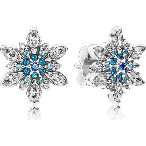 925 Sterling Silver Crystalized Snowflake Stud Earrings with Blue Crystals Clear CZ for Women Fine Jewelry Gift