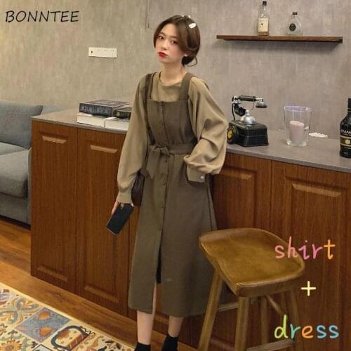 Sets Women Outfits Chic Spring O-Neck Pullover Long Sleeve Top Female Clothing and Dress Sashes Casual Button Two Peice Popular