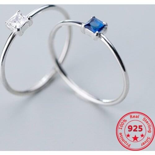BITWBI 925 Sterling Silver Blue Gem Diamond Simple Cute Dazzling Square CZ Finger Ring Size 6 7 8 For Women Gilr Jewelry Gift