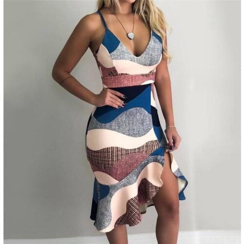 Women Trumpet Dress Sexy V-Neck Sling Sleeveless Multi Color Print Asymmetrical Dress Office Ladies Summer Slim Dress