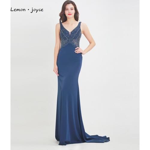 Lemon joyce Formal Evening Dresses Long 2020 Sexy V-neck Beading Backless Mermaid Party Evening Gowns Plus Size