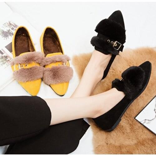 Winter Womens New PU Artificial Fur Comfortable Pointed Wild Fashion Business Metal Buckle Decoration Casual Flat Shoes B22-20