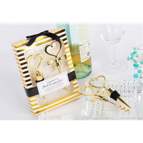 100 Pieces/lot Golden Stainless Steel Love Heart Corkscrew Wine Bottle Opener & Stopper Set Wedding Decor Free Shipping